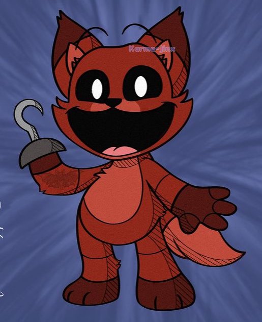 Spooky cute cartoon red fox character with hook hand, wide empty-eyed grin, on blue radial burst ...
