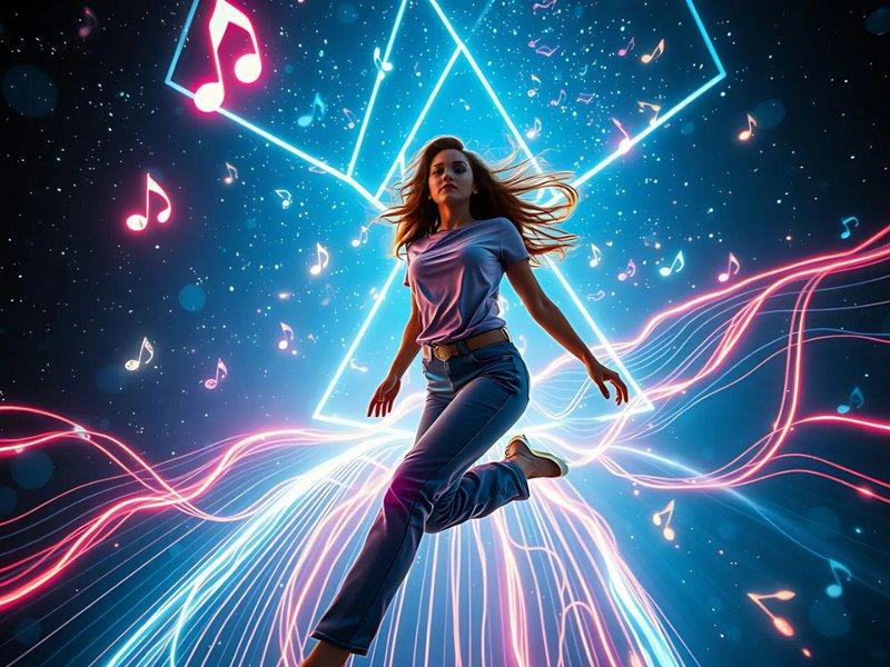 Young woman mid-dance leap, surrounded by glowing neon musical notes and swirling pink and blue l...