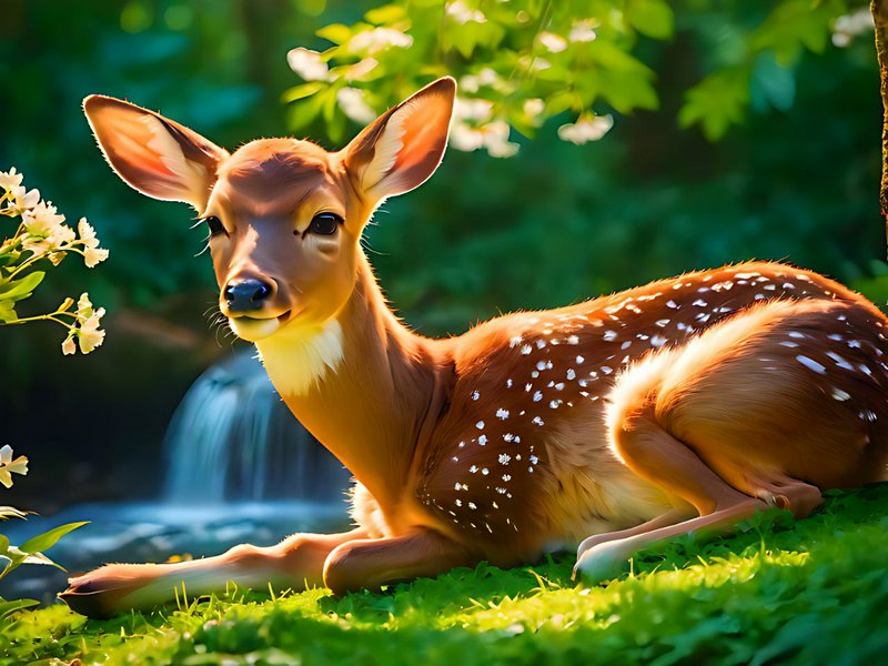 Cute spotted fawn rests on sunlit green grass, with a small waterfall and flowering forest in the blurred background.