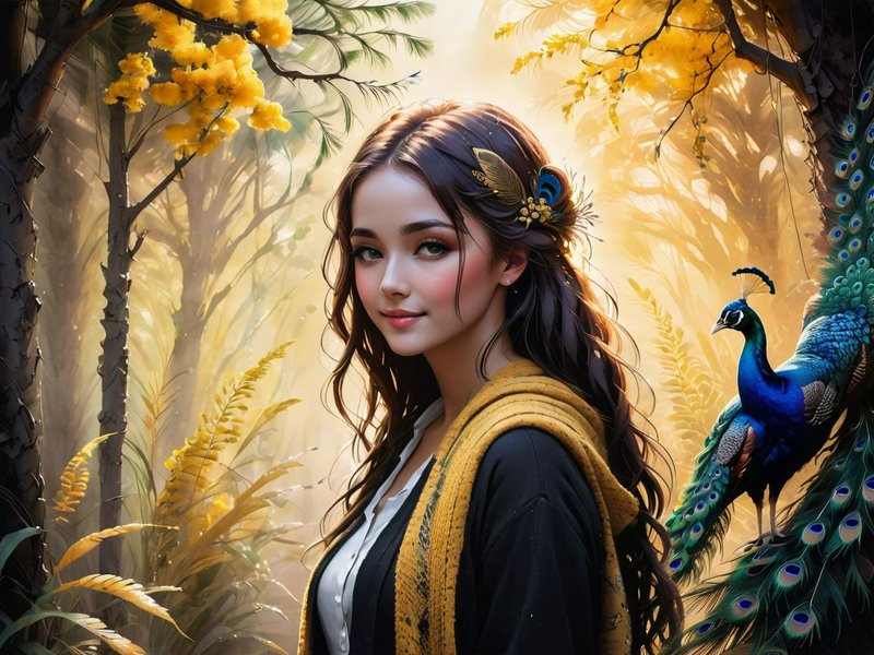 Fantasy portrait of a young woman beside a vibrant peacock in a glowing sunlit golden enchanted f...