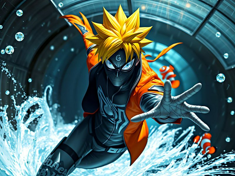 Anime crossover of Naruto Uzumaki in a Spider-Man suit reaching forward underwater in a glass aqu...