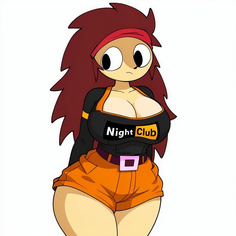 Stylized cartoon girl with spiky red hair, headband, and casual outfit standing against a plain w...