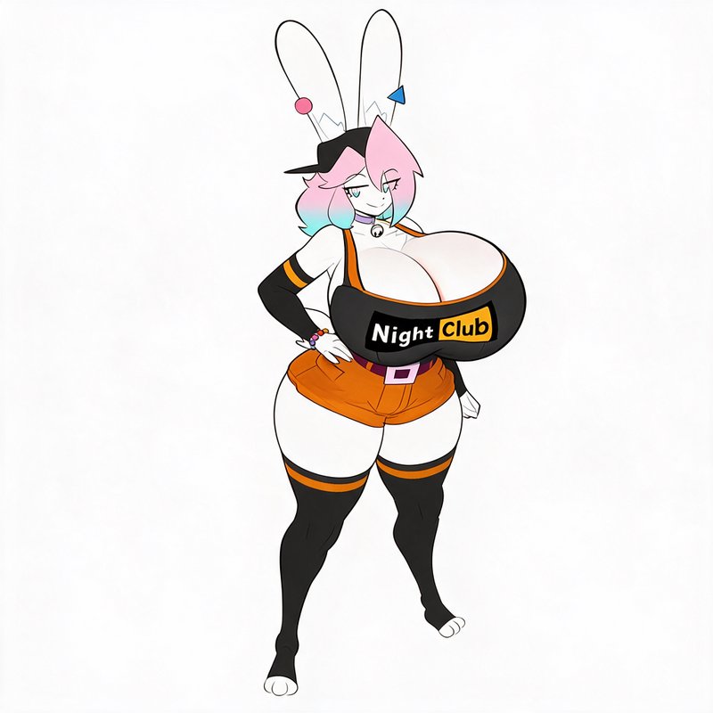 Curvy anthropomorphic bunny girl with pastel gradient hair poses in a branded nightclub uniform