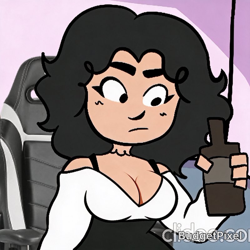 Skeptical cartoon woman with curly black hair holds a drink next to a gaming chair
