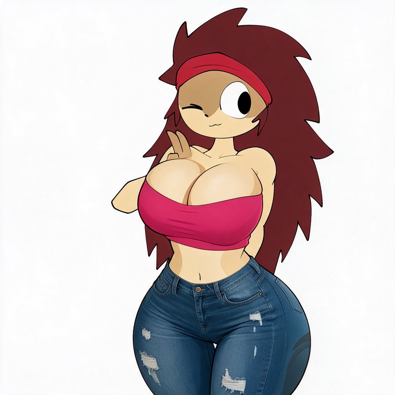 Anthropomorphic hedgehog girl winks and flashes a peace sign against a plain white backdrop