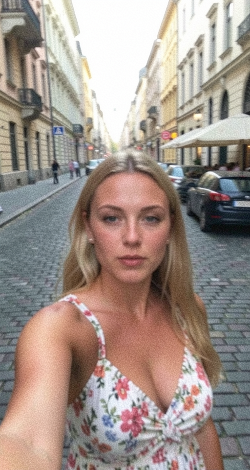 Blonde woman in a floral sundress takes a selfie on a cobblestone historic European city street.