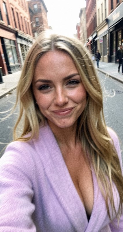 Candid selfie of a smiling blonde woman in a soft lavender coat standing on a downtown city street.