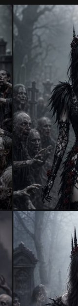 Cropped dark fantasy art of gothic undead queen standing before a reaching zombie horde in a fogg...