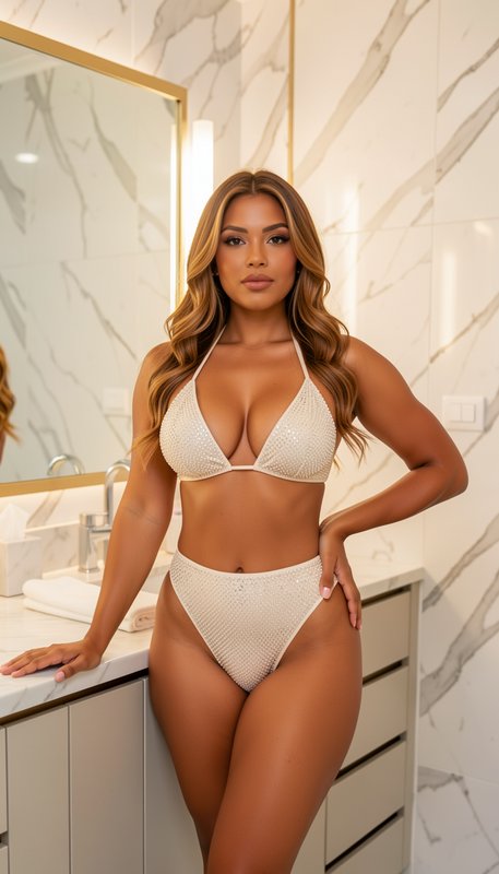 Confident model wearing a sparkling cream bikini poses leaning on a luxury marble bathroom vanity