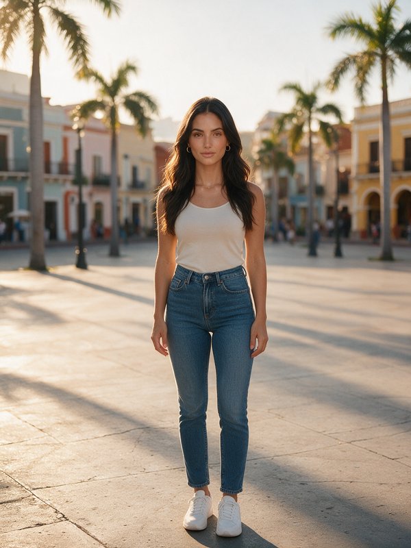 [Young woman in casual jeans and tank top stands in a sunlit colonial town plaza at golden hour, palm trees in background]