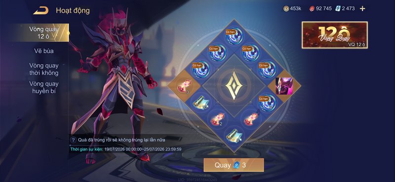 Vietnamese mobile MOBA gacha event screen with dark armored fantasy hero and 12-slot reward spin UI