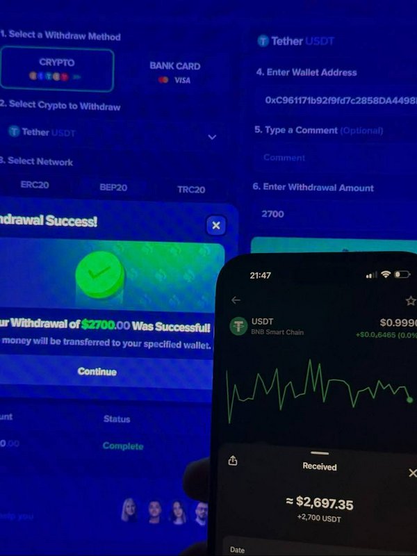 Desktop crypto withdrawal success screen next to smartphone showing received 2700 USDT crypto tra...