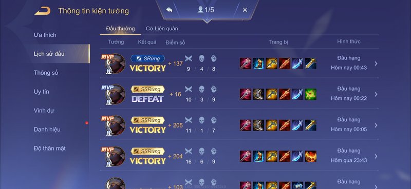 Vietnamese MOBA match history UI showing ranked results, MVP stats, champion KDA values and item ...