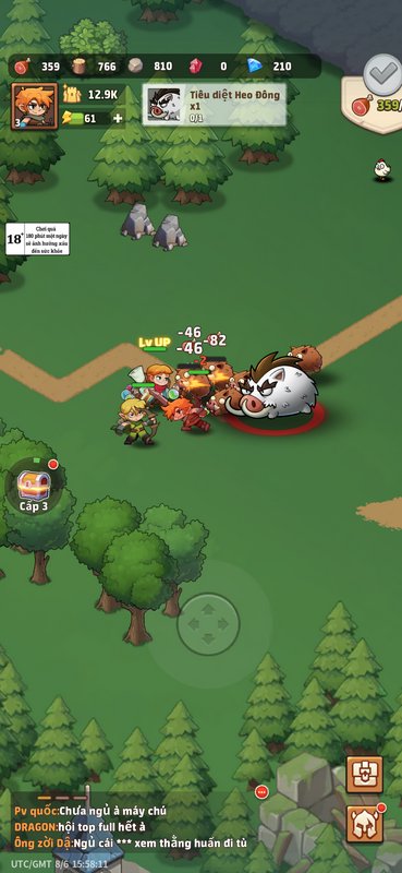 Chibi idle RPG mobile game screenshot showing player hero party fighting a giant boar boss on a g...