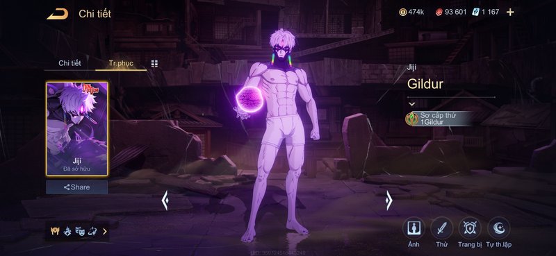 Anime mobile RPG character screen showing muscular Gildur Jiji holding a glowing purple orb in a ...