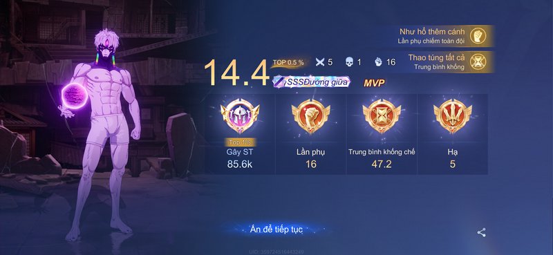 Post-match MOBA results screen showing MVP Ryomen Sukuna Jujutsu Kaisen collab skin, 14.4 SSS sco...