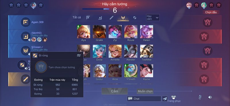 Screenshot of Liên Quân Mobile MOBA draft pick UI, with open player jungle role stats popup durin...