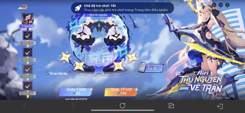 Screenshot of Vietnamese mobile gacha game interface showing the Airi Thú Nguyên Vệ Thần characte...