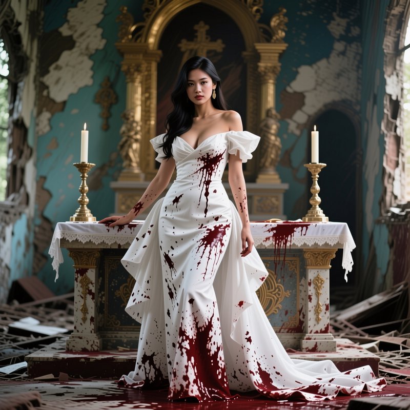 Woman in blood-splattered white gown stands before an altar inside a crumbling abandoned church