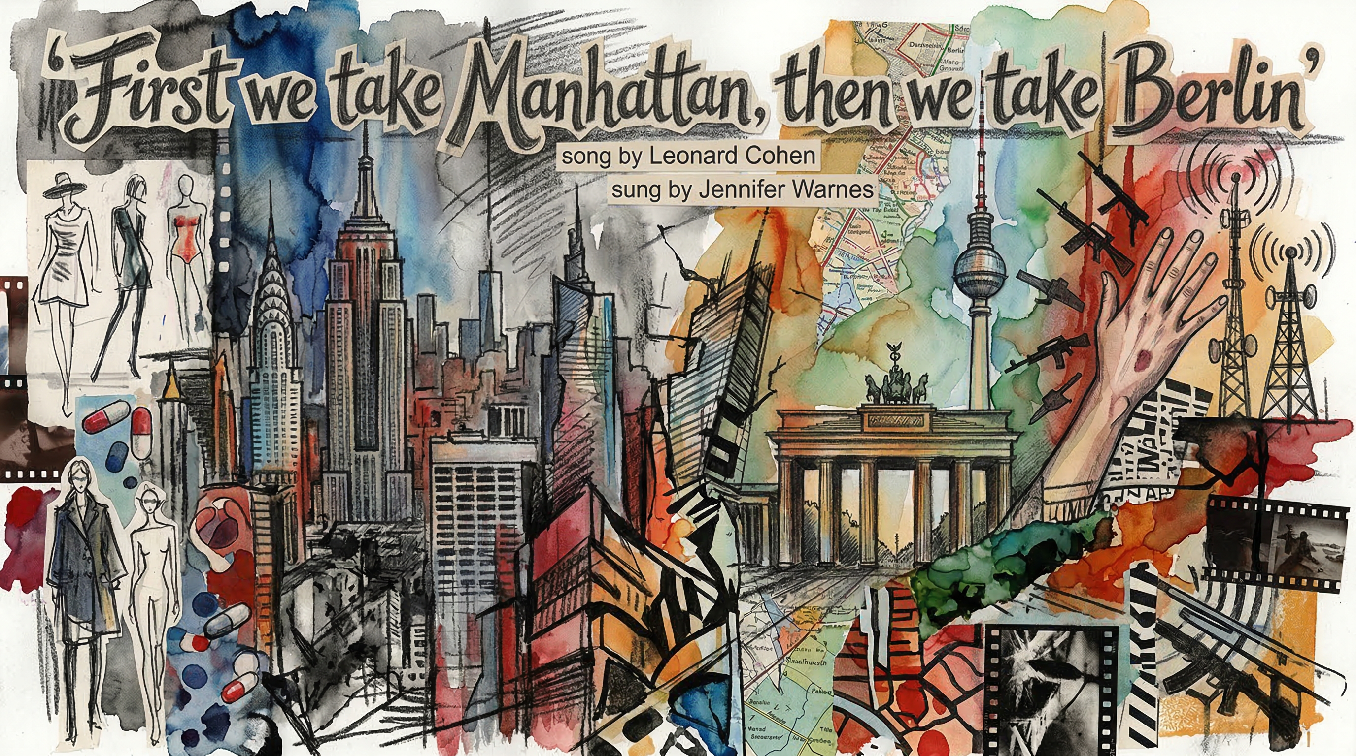 Colorful collage of Manhattan and Berlin skylines with landmarks and film motifs.