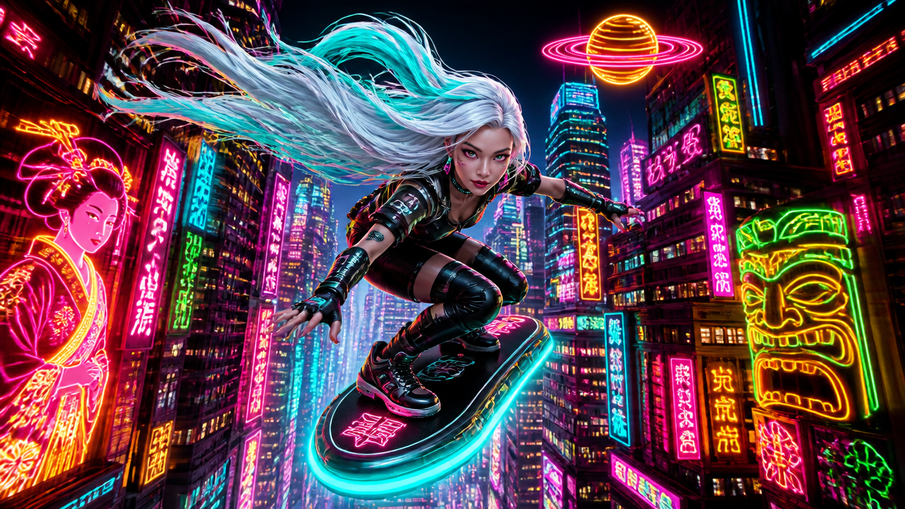 Cyberpunk heroine with silver hair flying on a neon-lit hoverboard above a futuristic city.