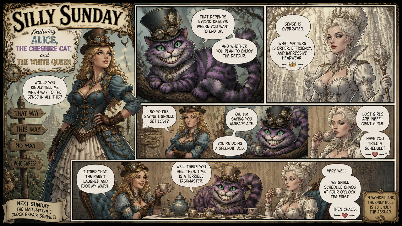 Victorian-inspired comic panel featuring Alice, the Cheshire Cat, and the White Queen in a whimsical tea-time scene.