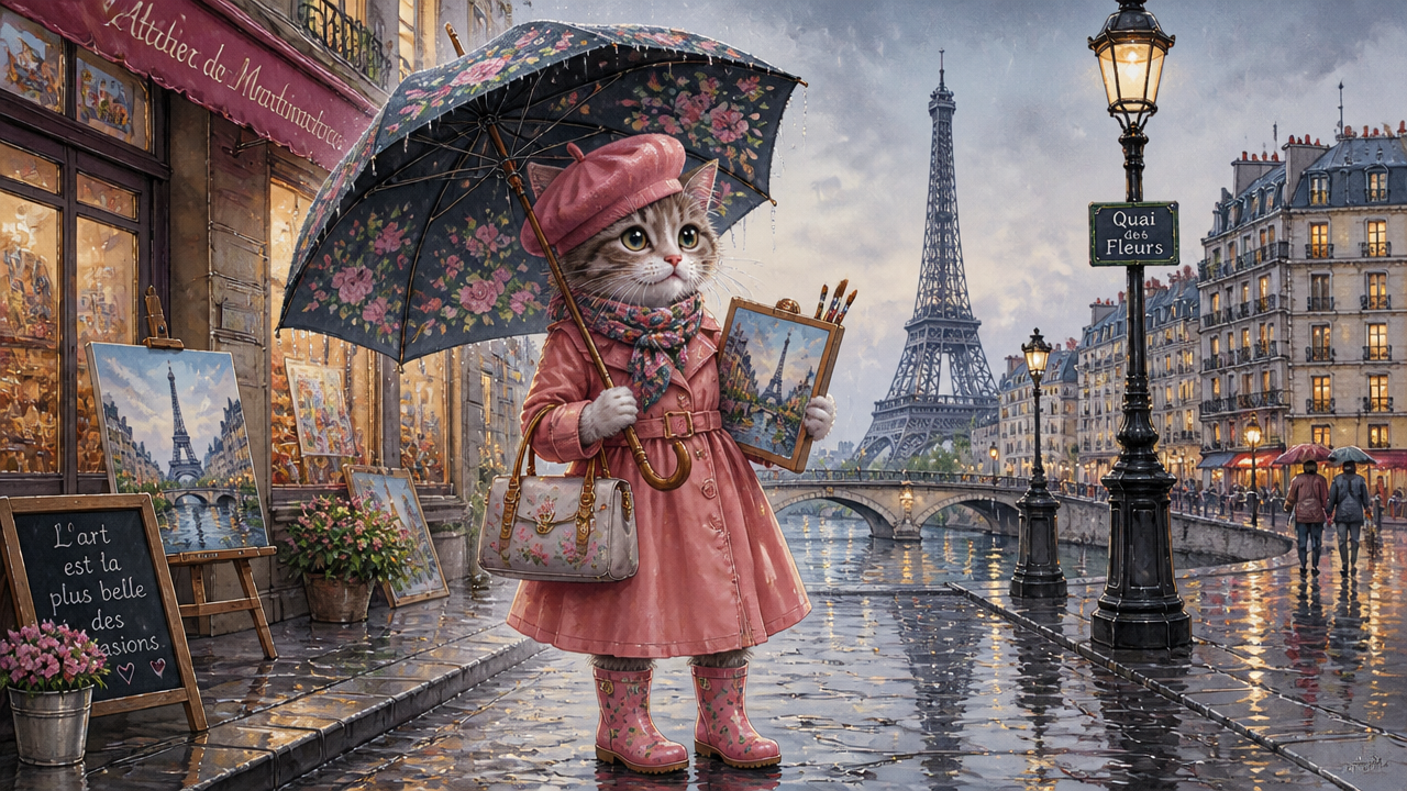 A fashionable cat in a pink raincoat and hat holds an umbrella on a rainy Paris street with the Eiffel Tower in the backgr...