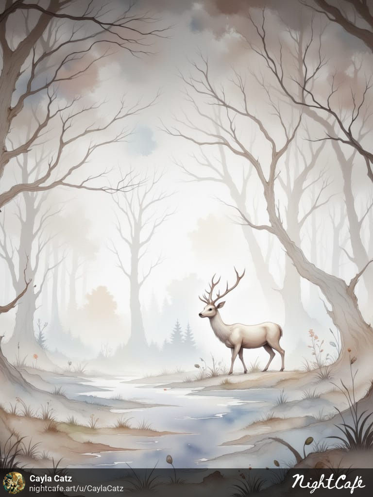 Watercolor-style winter forest scene with a deer standing by a small stream.