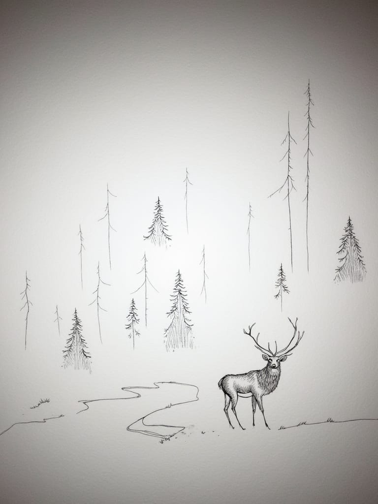 A lone deer with large antlers stands beside a winding stream in a minimalist snowy forest.