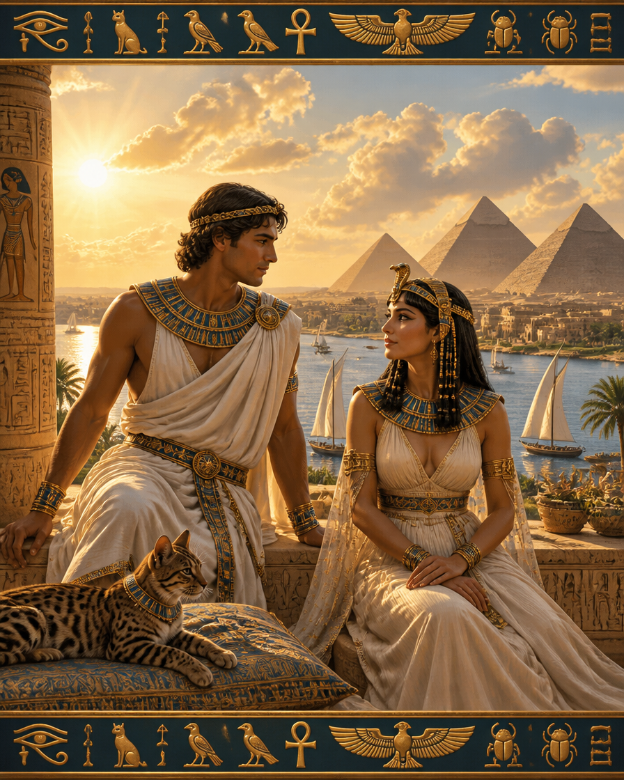 Egyptian-inspired couple in white robes on a terrace with pyramids at sunset.