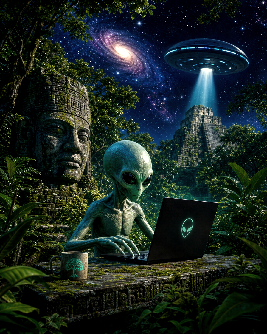 Green alien at a mossy stone desk with a glowing laptop in a jungle temple, under a starry sky and a UFO.