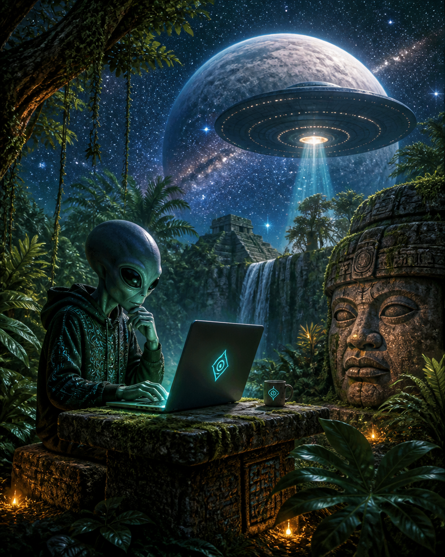 Alien at a laptop in a jungle temple with a UFO overhead under a starry night.