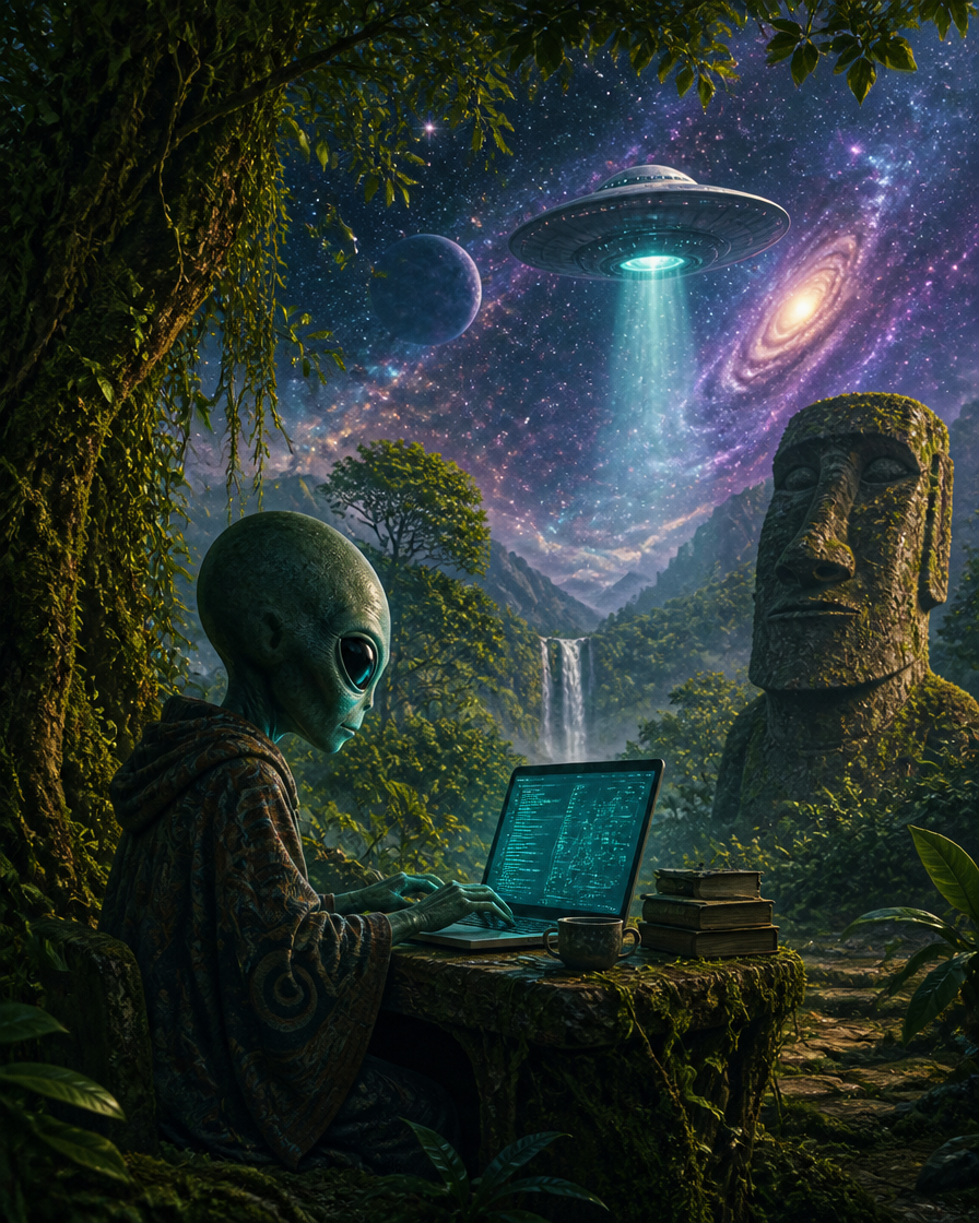 Alien in a lush jungle coding on a laptop under a UFO-lit night sky with statues and a waterfall