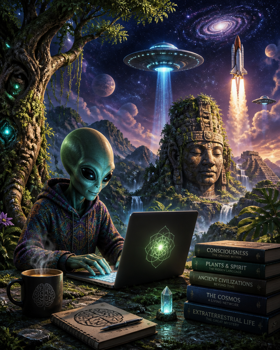 Green alien typing on a laptop in a lush jungle beside ancient stone statues and UFOs.