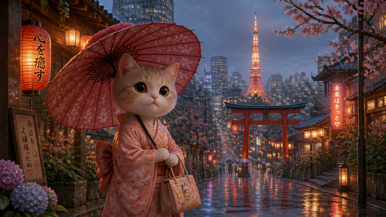 Cute cat in a pink kimono holding a parasol on a rainy Japanese street with a torii gate and Tokyo Tower in the background.
