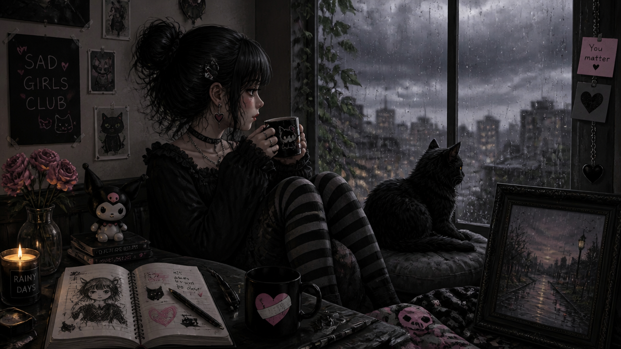 A moody gothic girl sits by a rainy window, sipping from a mug with a cat plush nearby.