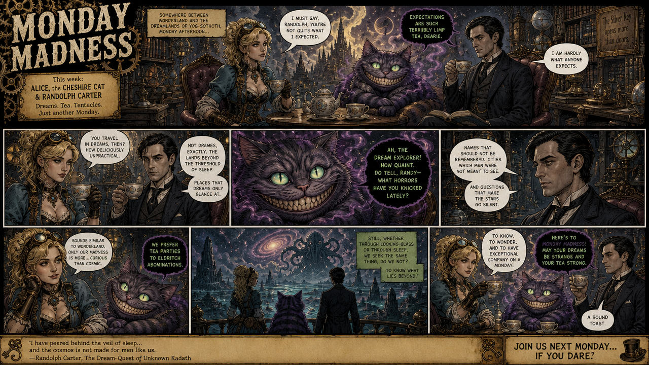 Comic panel with Alice, the Cheshire Cat, and Randolph Carter at a tea-filled table in a dark, starry library.
