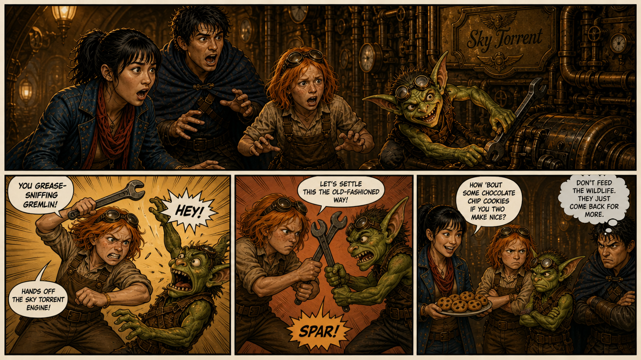Three kids confront a goblin in a brass-steampunk engine room from a fantasy comic panel.