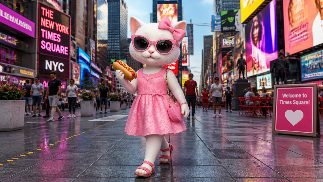 Cute white cat in a pink dress and sunglasses walking in Times Square, holding a hotdog.