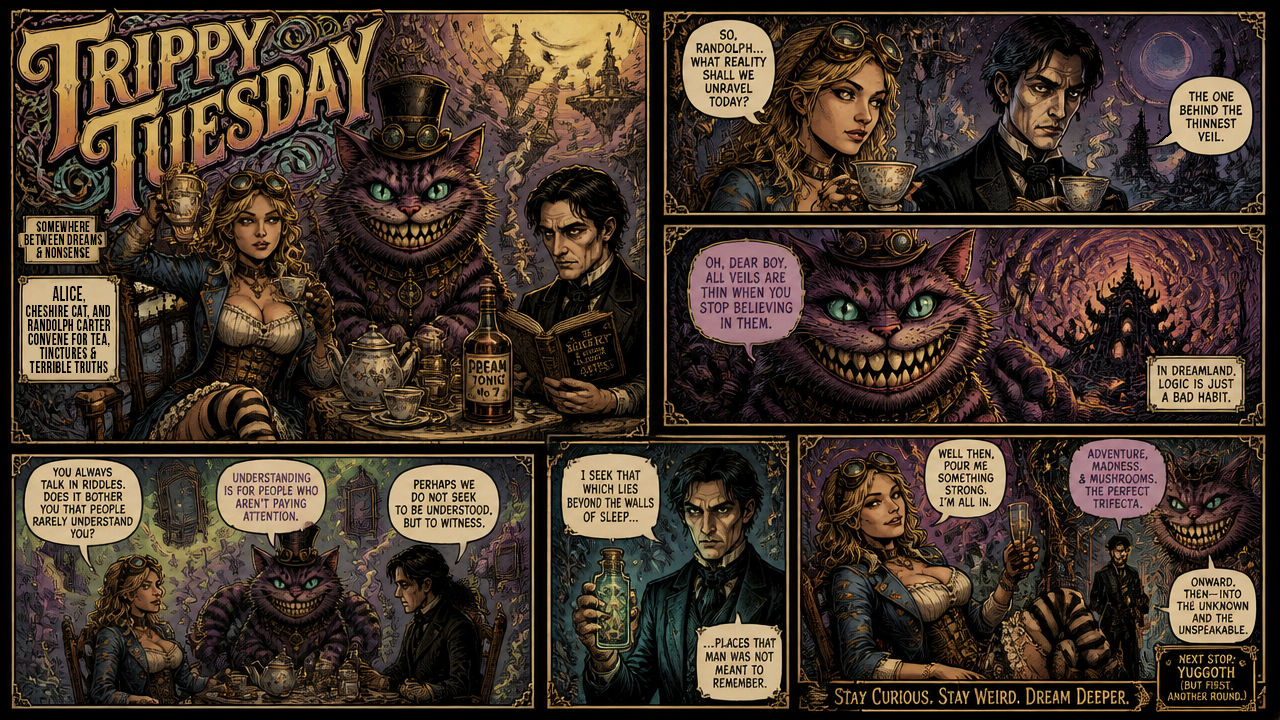 Trippy Tuesday comic panel with a grinning Cheshire-like cat at a table with two humans in a surreal dreamlike fantasy scene.