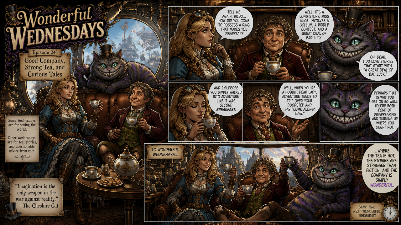 A cozy fantasy tea party with a grinning Cheshire Cat and two humans in vintage clothing, panels reveal whimsical dialogue.