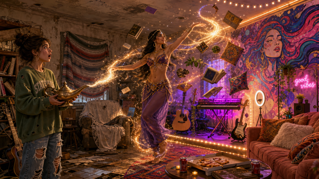 Bohemian room scene with a belly dancer conjuring sparkling magic while a friend holds a lamp.