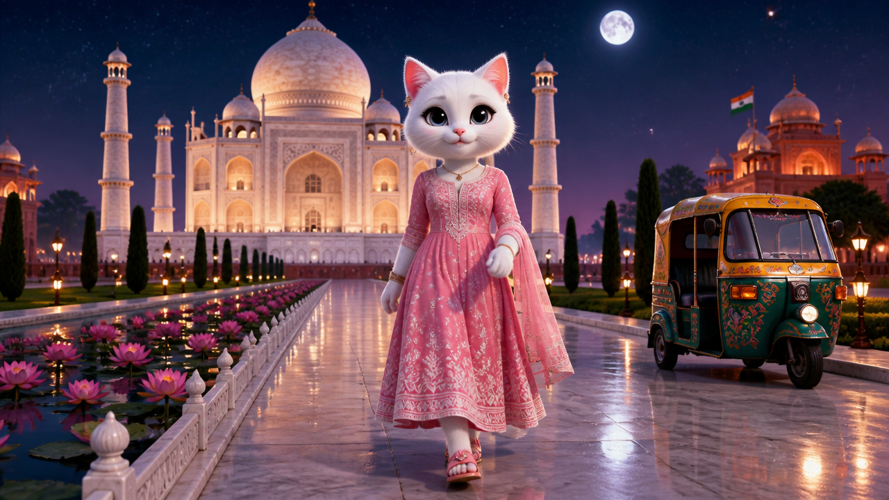 White cat in a pink dress strolling on a marble path with the Taj Mahal at night.