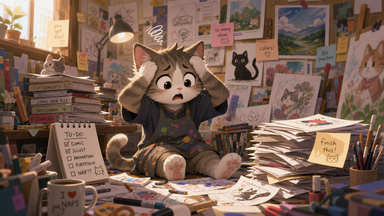 An anxious cartoon cat artist sits amid a chaotic art studio filled with sketches, paints, and sticky notes.