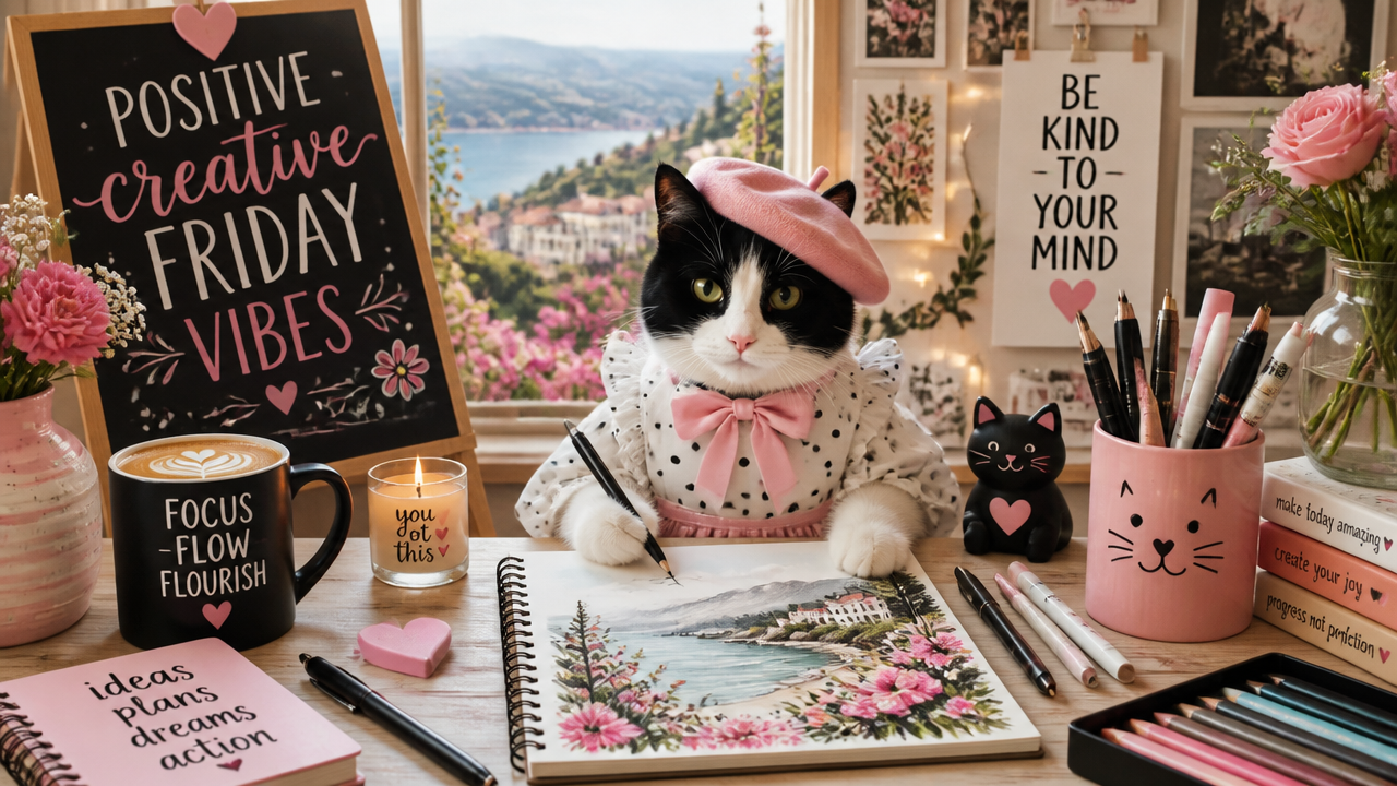 A cute black-and-white cat wearing a pink beret and bow sits at a colorful art desk surrounded by drawings and supplies.