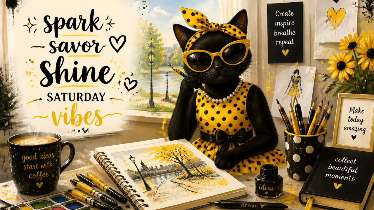 Black cat in a yellow polka-dot dress wearing sunglasses at a sunny art studio desk.