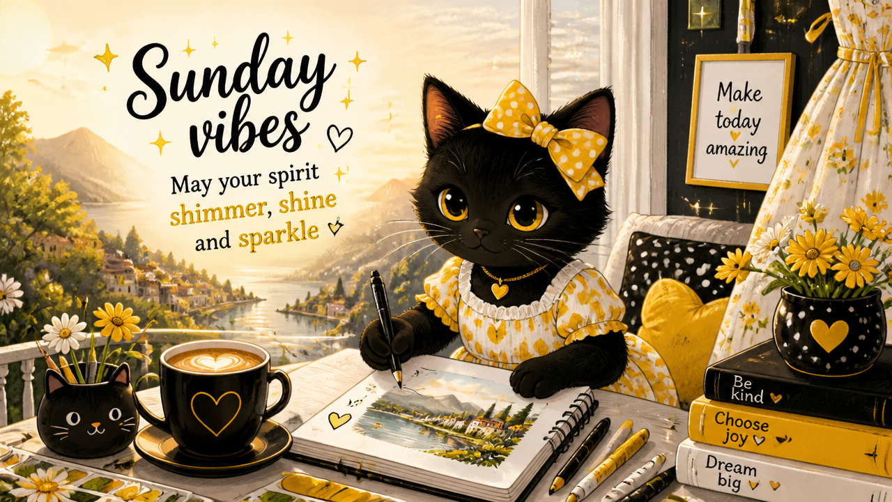 Black cat with a yellow bow painting a landscape at a cozy desk with yellow accents
