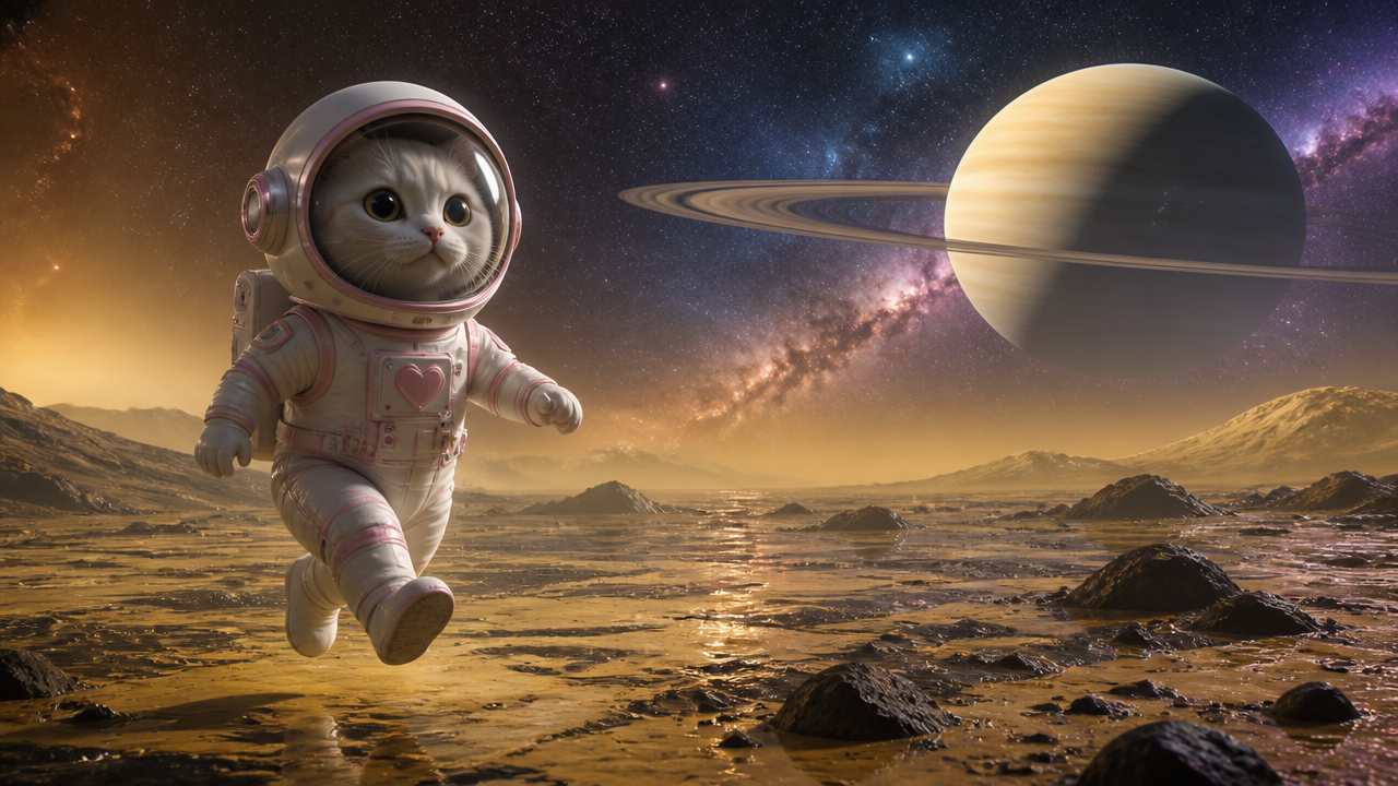 Cat in a pink space suit exploring a rocky alien landscape with a ringed planet in the starry sky.