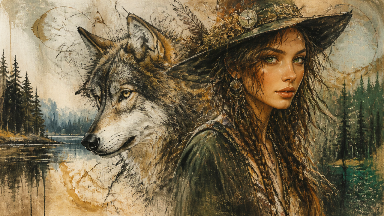Woman with braided hair and a wide-brimmed hat beside a thoughtful wolf amid a forested lake landscape.