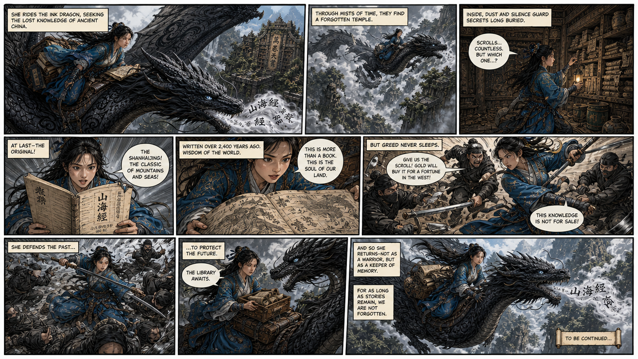 A young woman rides a dark dragon through misty mountains in a Chinese-inspired fantasy comic page.